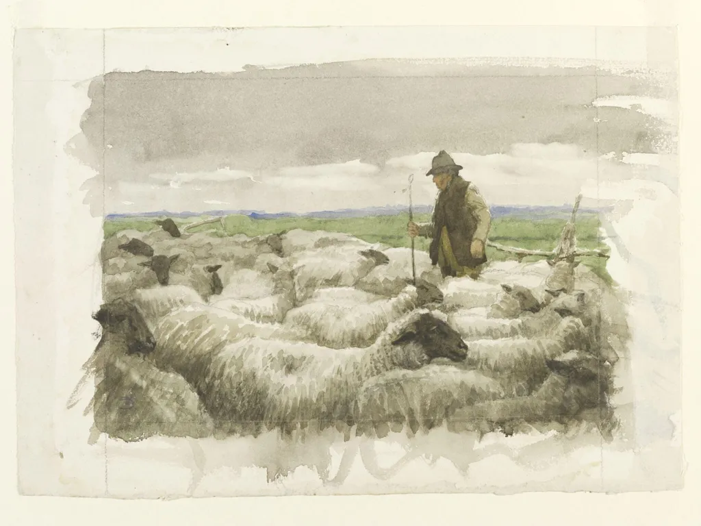 Shepherd and Sheep, by John Robert Keitley Duff, watercolor, 1920
