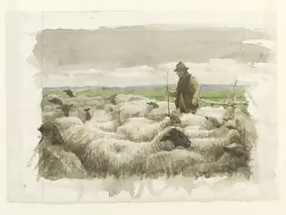 Shepherd and Sheep, by John Robert Keitley Duff, watercolor, 1920