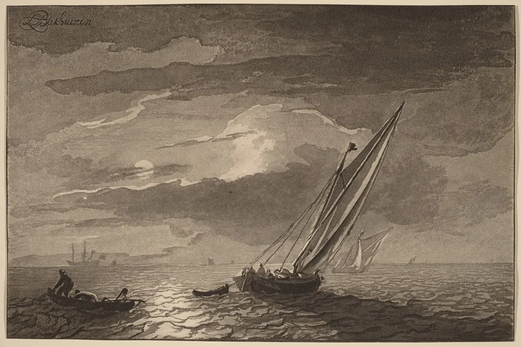 Seascape with Full Moon, by Jacobus Buys, ink, 1779