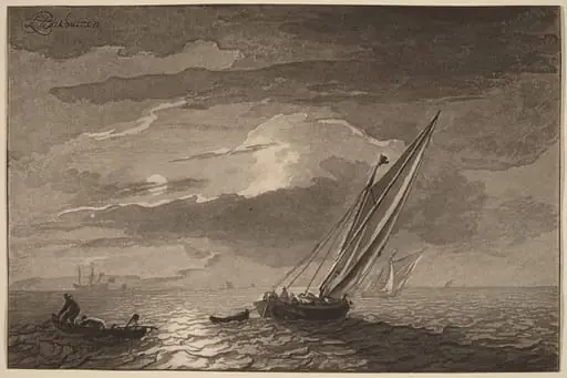 Seascape with Full Moon, by Jacobus Buys, ink, 1779
