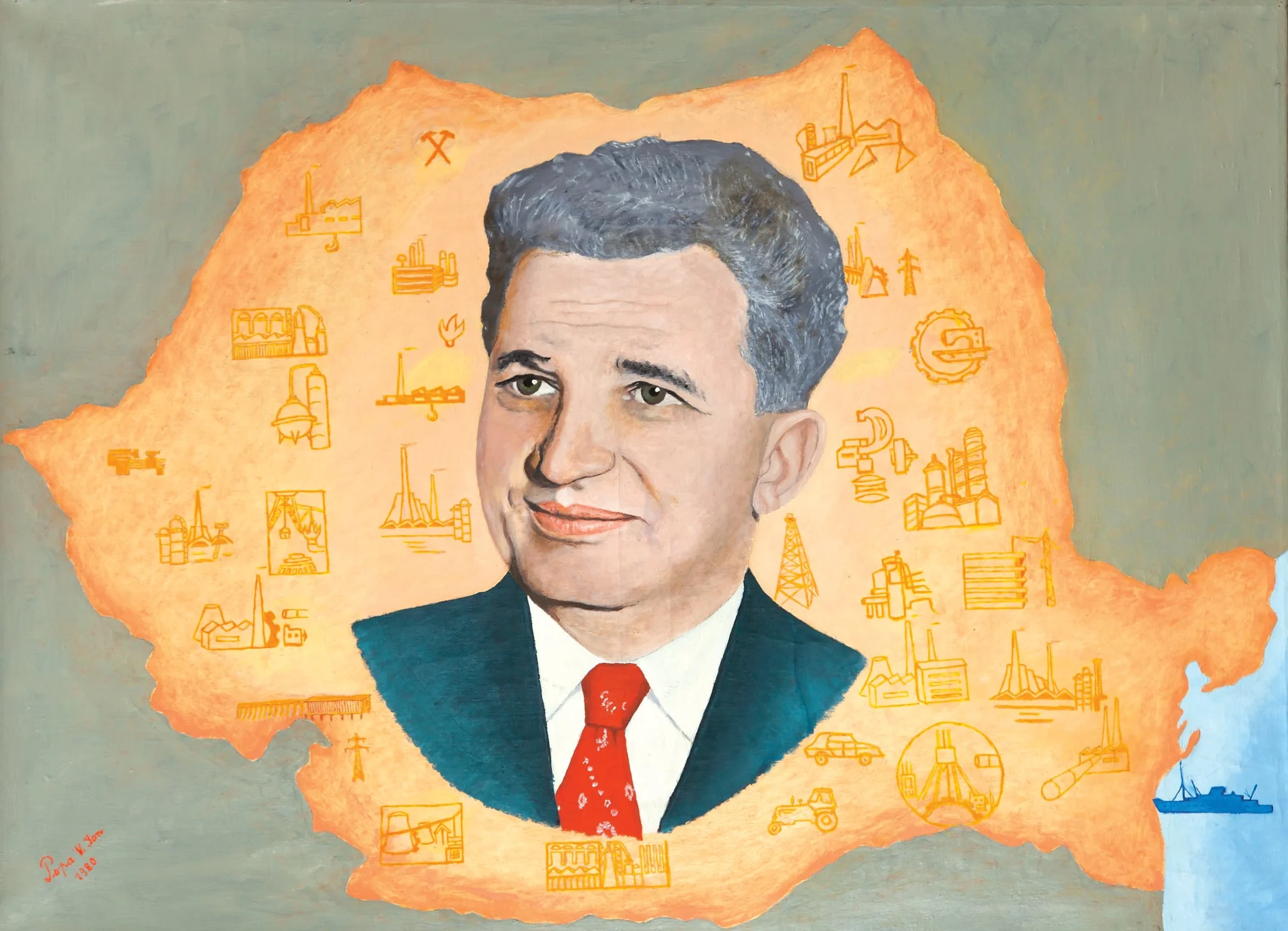 Tablou, ulei pe pânză, portretul lui Nicolae Ceaușescu este redat în mijlocul unei hărți a României, înconjurat de diferite obiective industriale. Comandat și oferit de Comitetul Județean de Partid Alba, 15 octombrie 1981., detail