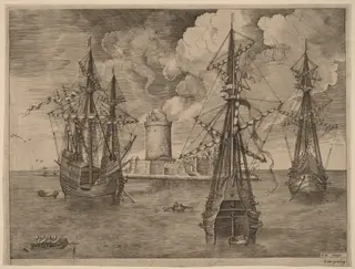 Four-Master (Left) and Two Three-Masters Anchored near a Fortified Island with a Lighthouse, by Frans Huys, ink