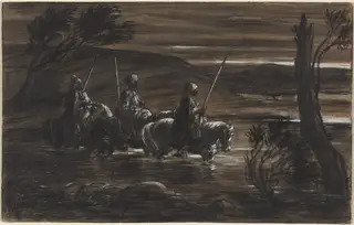 Three Arab Horsemen Crossing a River, by Alexandre Gabriel Decamps, ink, 1835