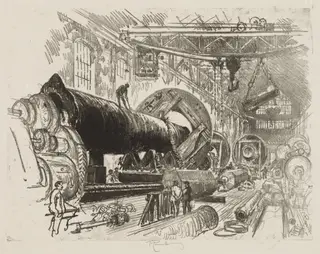 English War Work:  Cutting and Turning a Big Gun, by Joseph Pennell, 1916