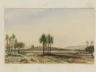 `Temple of Denderah.  Distant view from bank of River.  Upper Egypt', by George de Sausmarez, watercolor, 1855