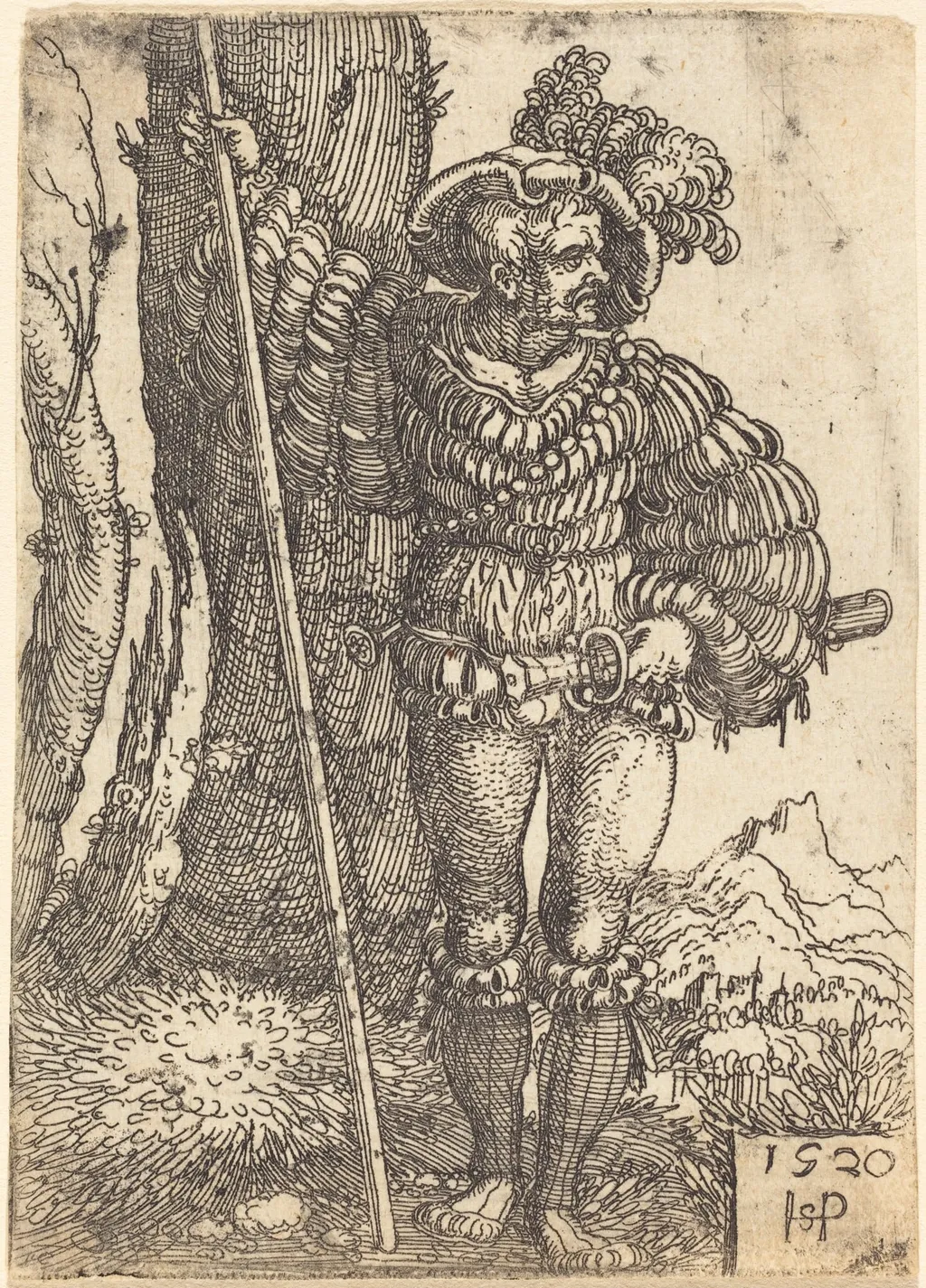 Foot Soldier Standing by a Tree, by Sebald Beham, ink, 1520