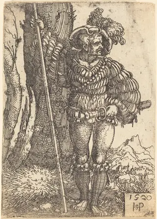 Foot Soldier Standing by a Tree, by Sebald Beham, ink, 1520