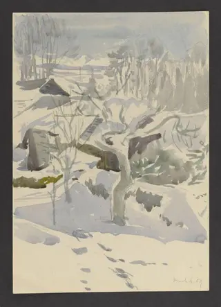 Trees and roofs in snow, by Beatrix Potter, watercolor, 4