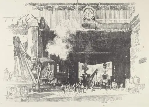 The Big Gate of the Big Shop, by Joseph Pennell, ink, 1916