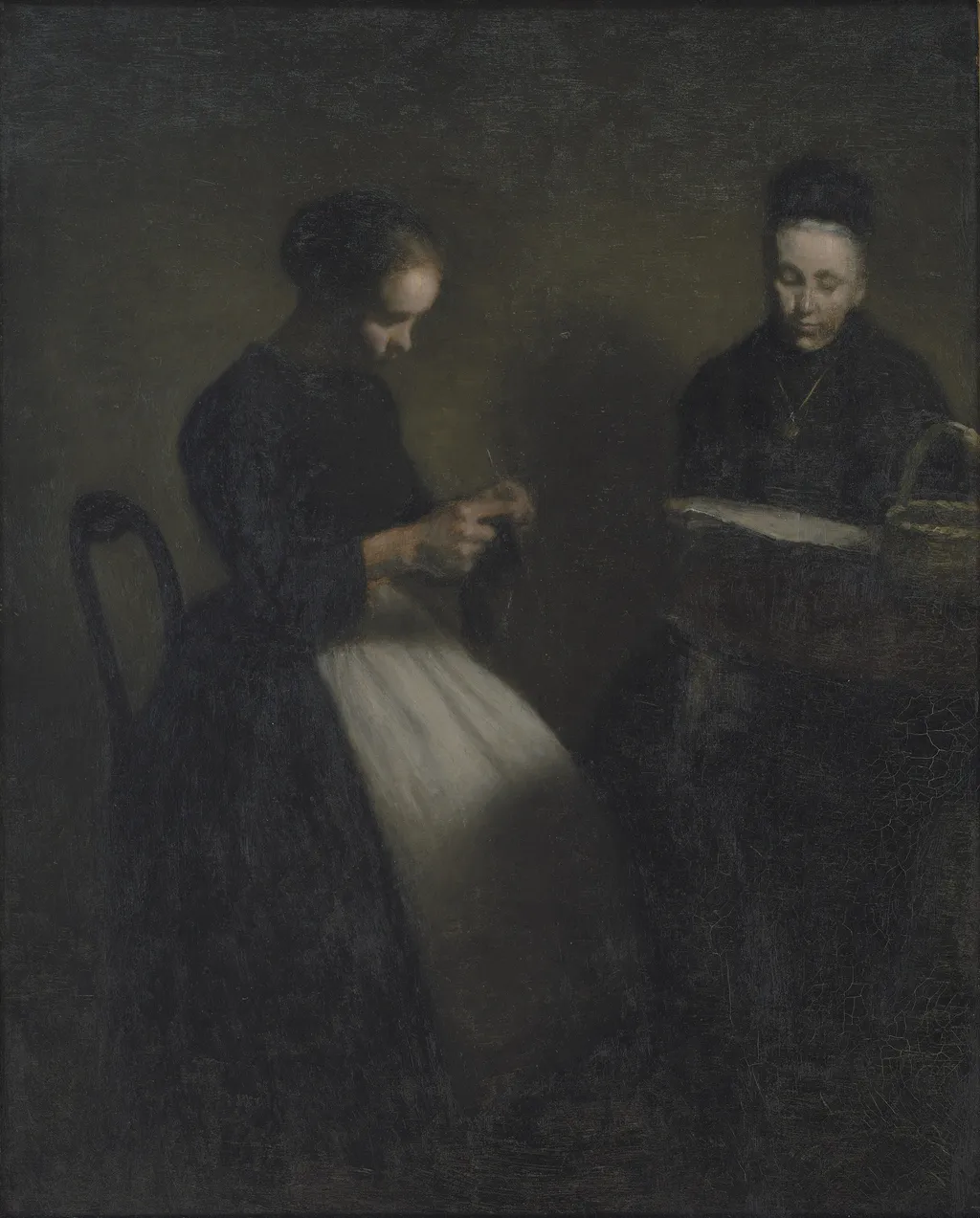 Evening in the Drawing Room. The Artist's Mother and Wife, by Vilhelm Hammershøi, oil, 1896