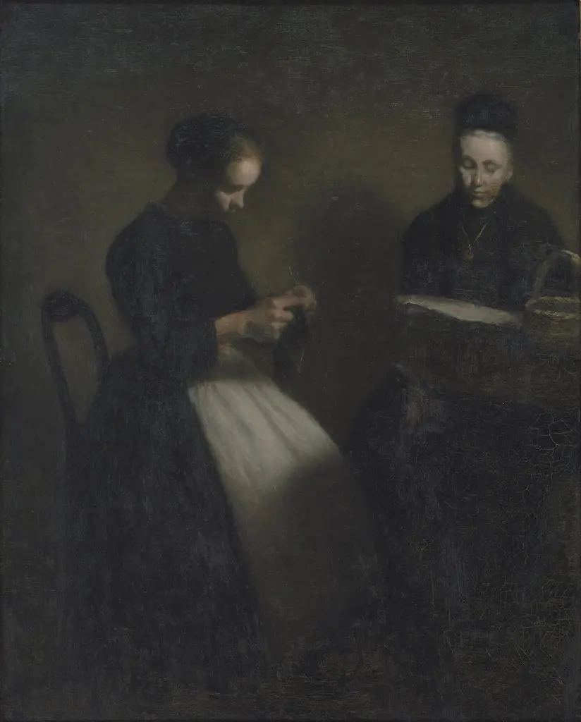 Evening in the Drawing Room. The Artist's Mother and Wife, by Vilhelm Hammershøi, oil, 1896
