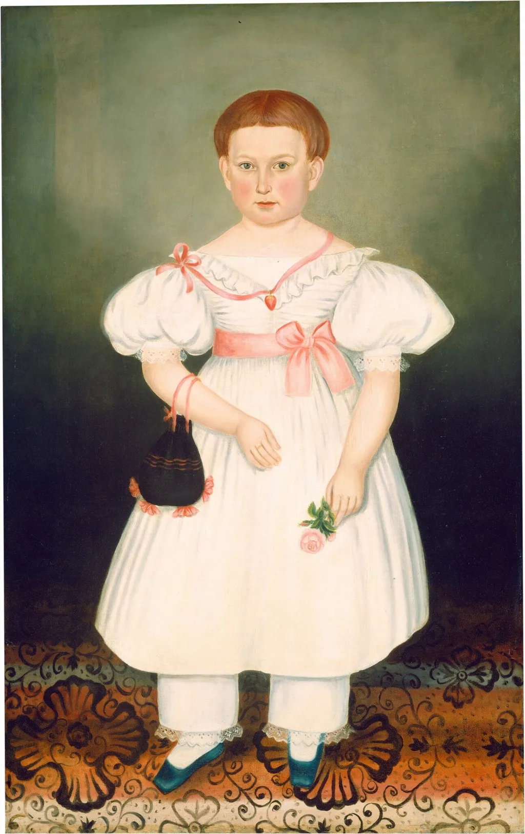 Girl with Reticule and Rose, by Joseph Whiting Stock, oil, 1840
