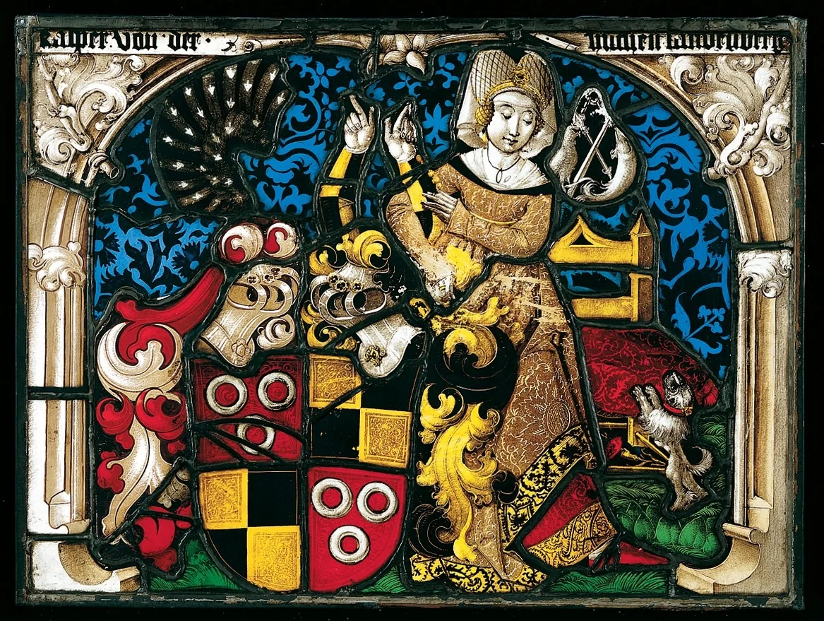Stained-Glass Panel with a Coat of Arms and a Female Supporter, detail