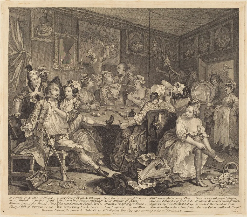 A Rake's Progress: pl.3, by William Hogarth, ink, 1735