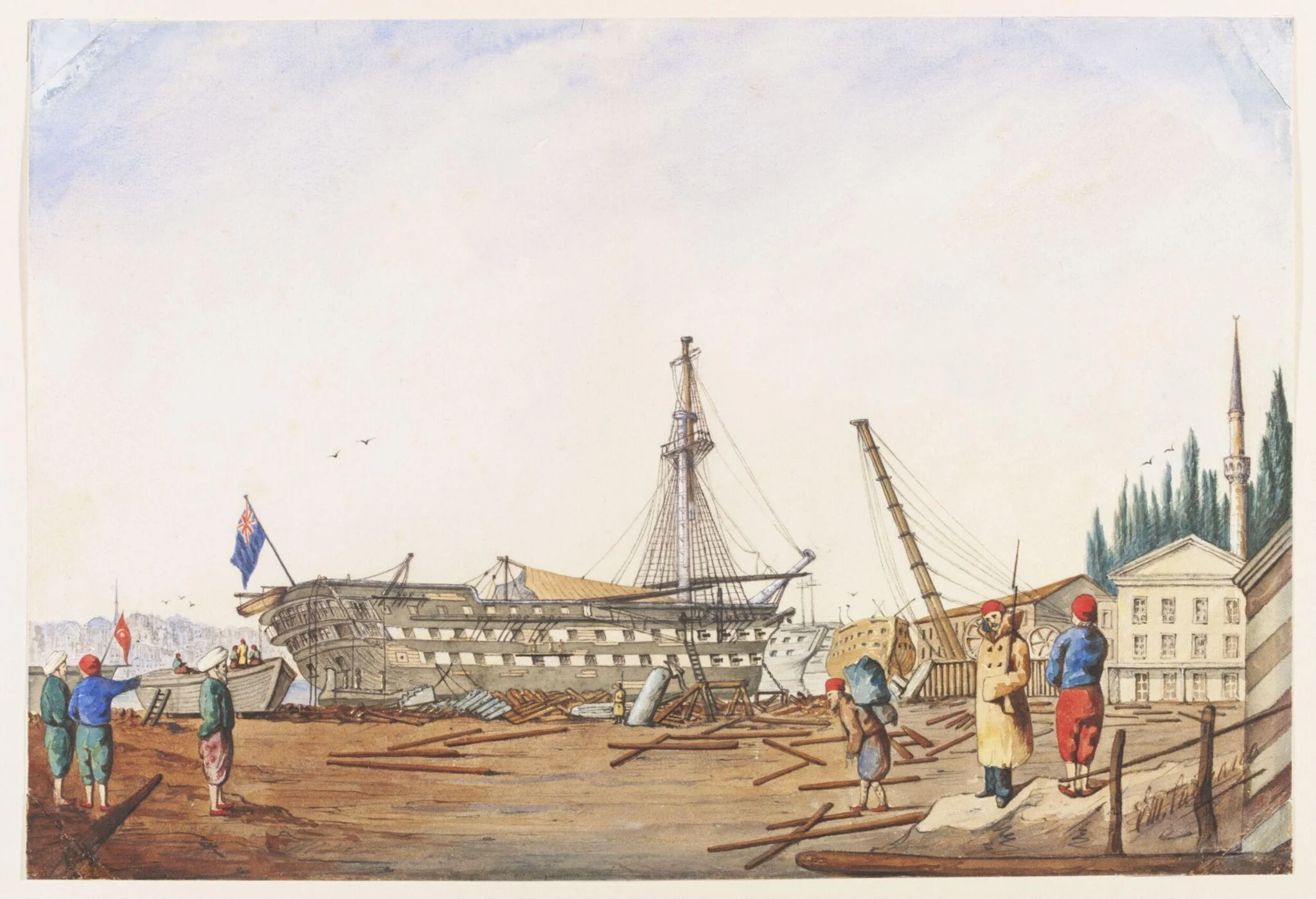 H.M: Ship Albion in dock at Constantinople after the Bombardment at Sevastopol. October 1854, detail