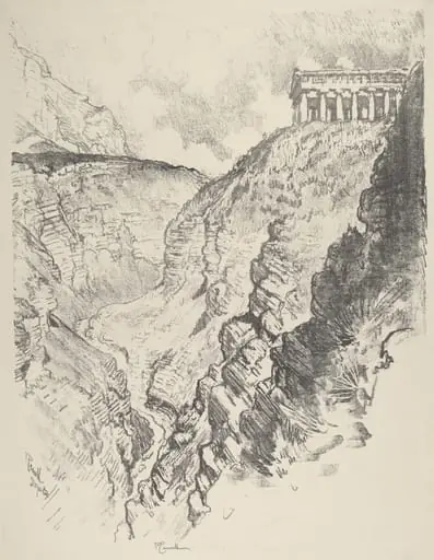 Temple over the Canon, Segesta, by Joseph Pennell, ink, 1913