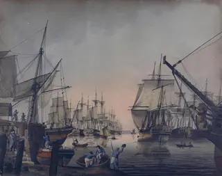 A view of the Pool, below London Bridge., by Samuel Atkins, watercolor, 1790
