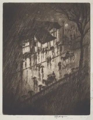 Rainy Night, Charing Cross Shops, by Joseph Pennell, ink, 1903