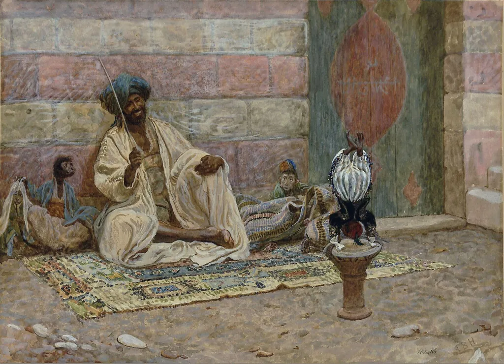 An Oriental, with performing monkeys, by Arthur Boyd Houghton, watercolor, 1865