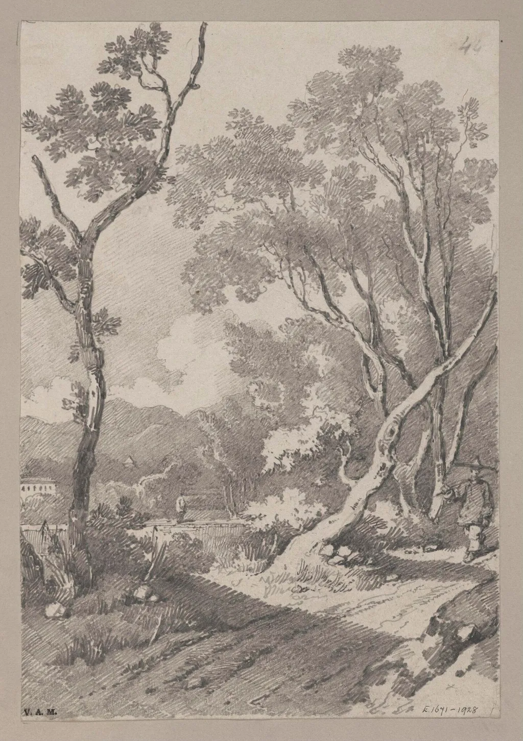 A figure on a path between rocks and trees, by George Chinnery, 19