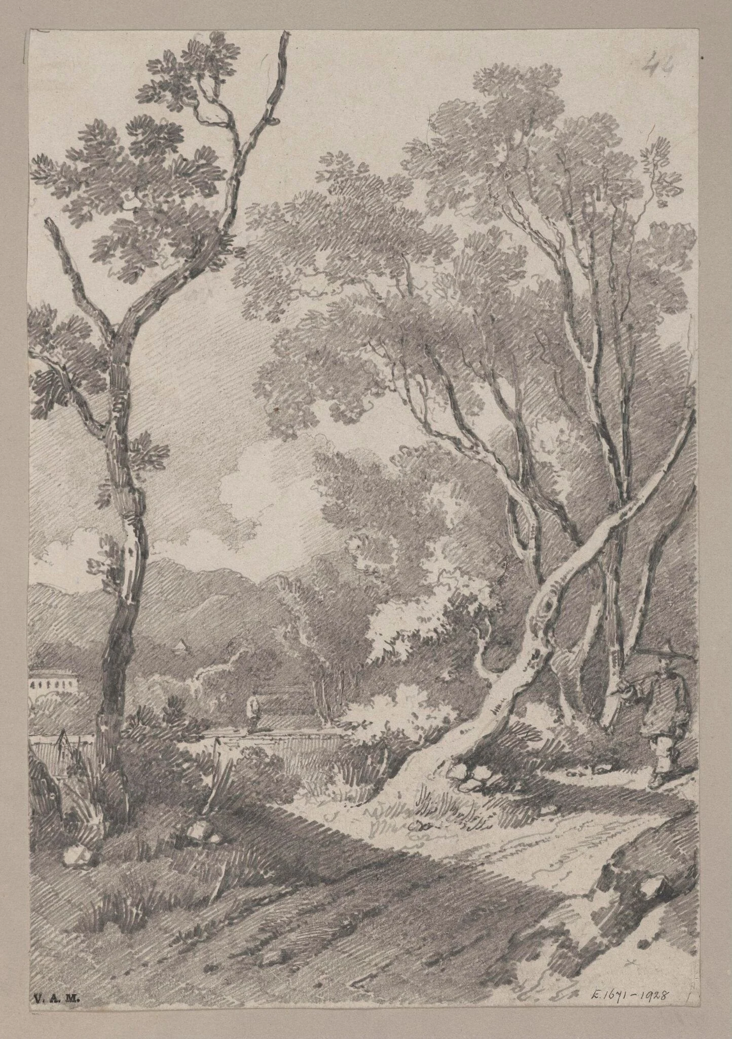 A figure on a path between rocks and trees, detail