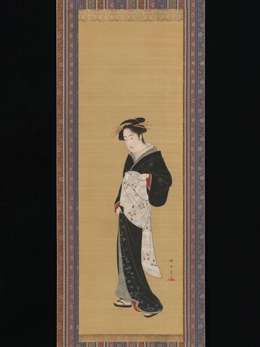 勝川春章筆 立姿美人図|Woman in a Black Kimono, detail