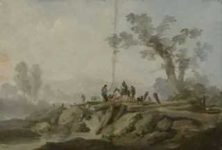 Landscape with Shepherds, by Jean-Baptiste Pillement, oil, 1796