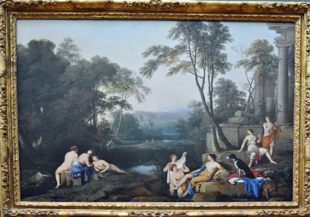 Diana and Her Nymphs in a Landscape, by Laurent de La Hyre, oil, 1644