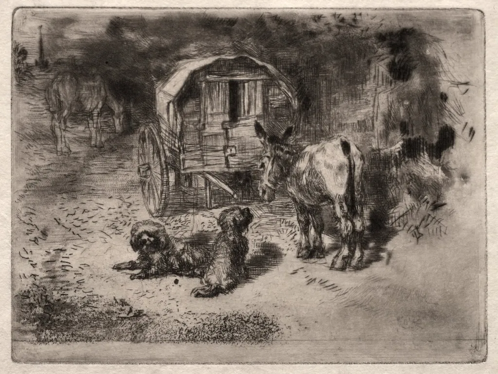 The Guardians of the House, or the Friends of the Saltimbanque, by Félix-Hilaire Buhot, 1875