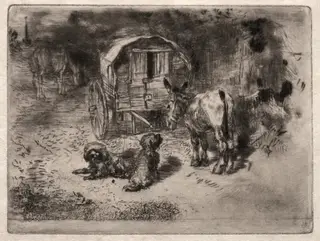The Guardians of the House, or the Friends of the Saltimbanque, by Félix-Hilaire Buhot, 1875