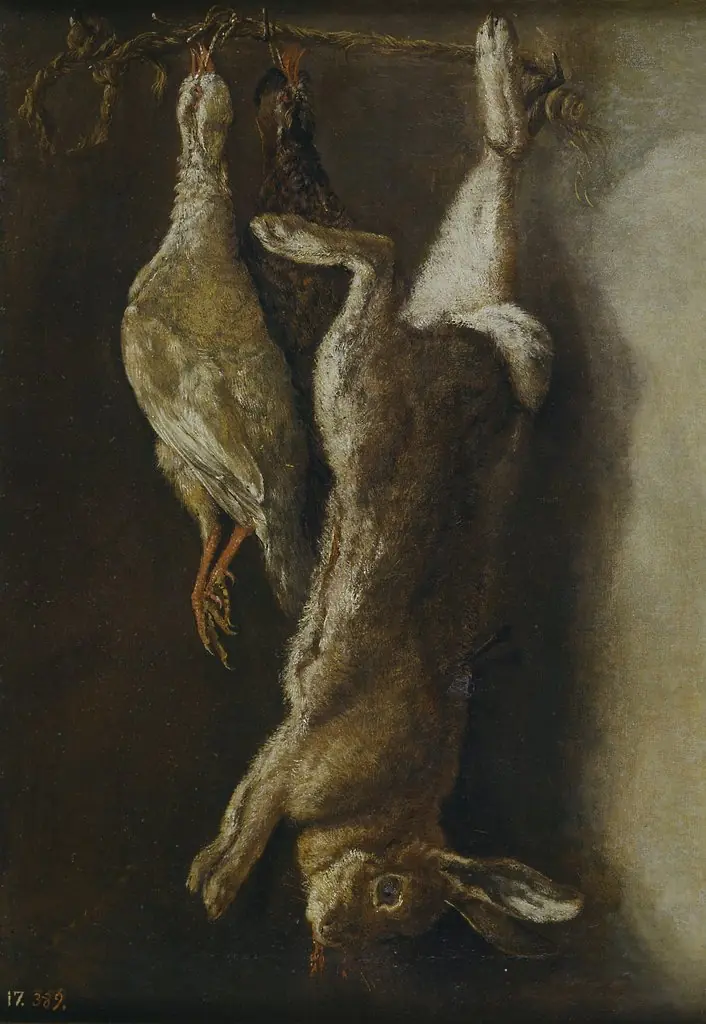 Kitchen still life with a hare and two partridges, by Mariano Nani, oil, 1793