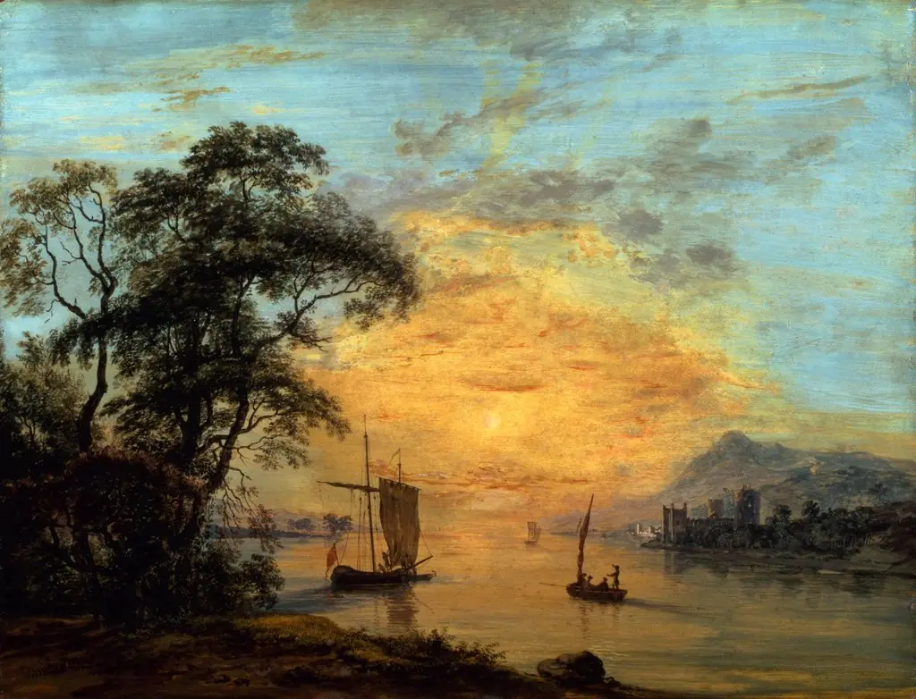 A Welsh Sunset River Landscape., by Paul Sandby, oil, 1794