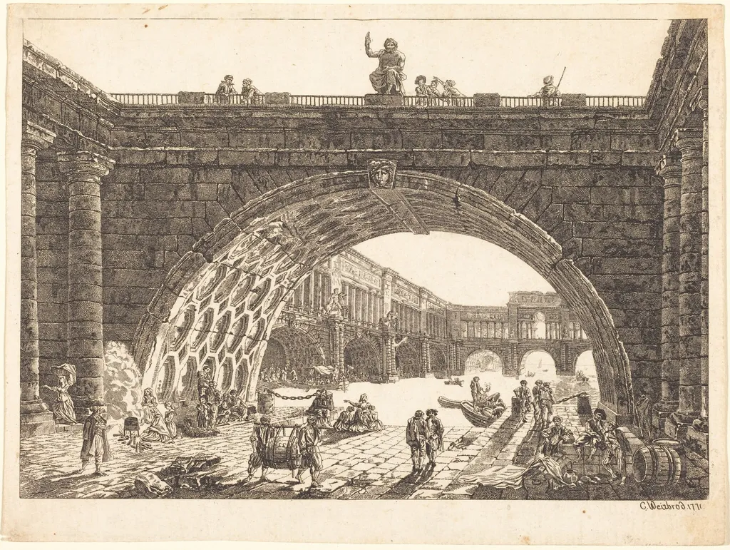 Architectural Fantasy of a Monumental Port, by Carl Wilhelm Weisbrod, ink, 1771