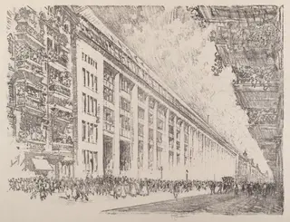 Mid-day, General Electric Works, Berlin, by Joseph Pennell, ink, 1921