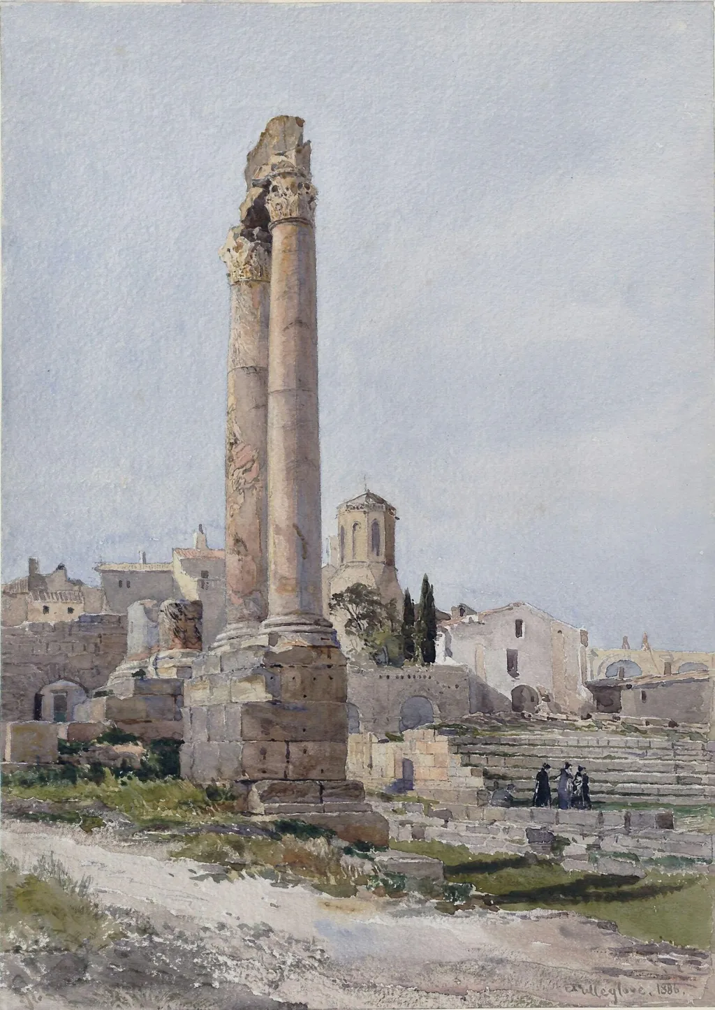 Ruins of Roman Theatre at Arles, Columns of the Proscenium, by Fulleylove, watercolor, 1886
