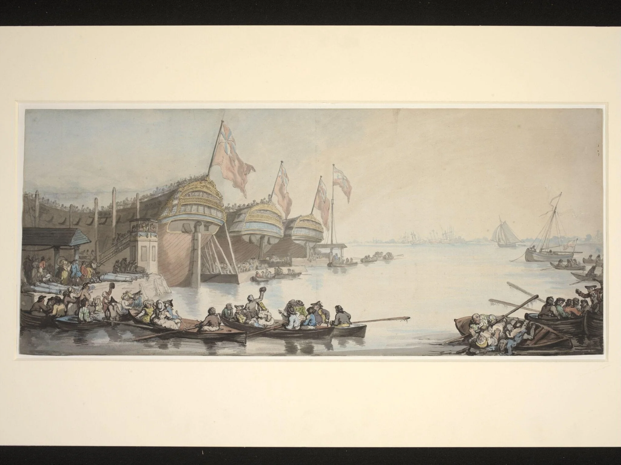 George III launching three frigates at Deptford, detail