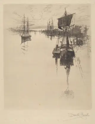 Below Chestnut St. Bridge, Philadelphia, by Joseph Pennell, ink, 1884
