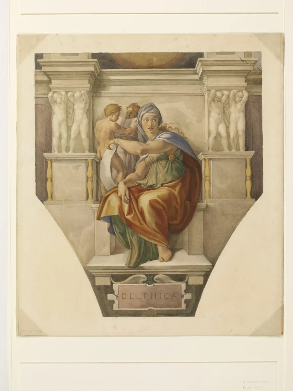 Copy after Michelangelo’s fresco of the ‘Delphic Sibyl’ on the Sistine Chapel vault (Sistine Chapel, Rome, 1511-1512)., by Cesari Mariannecci, watercolor, 1867