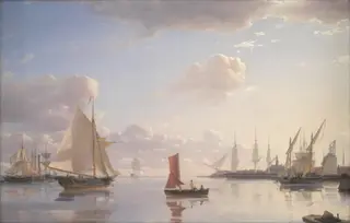 View from Langelinie towards the Royal naval Dockyards at Nyholm, Copenhagen. Morning Light, by Emanuel Larsen, oil, 1850