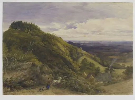 Landscape with a woman driving sheep, by Samuel Palmer, watercolor, 1850