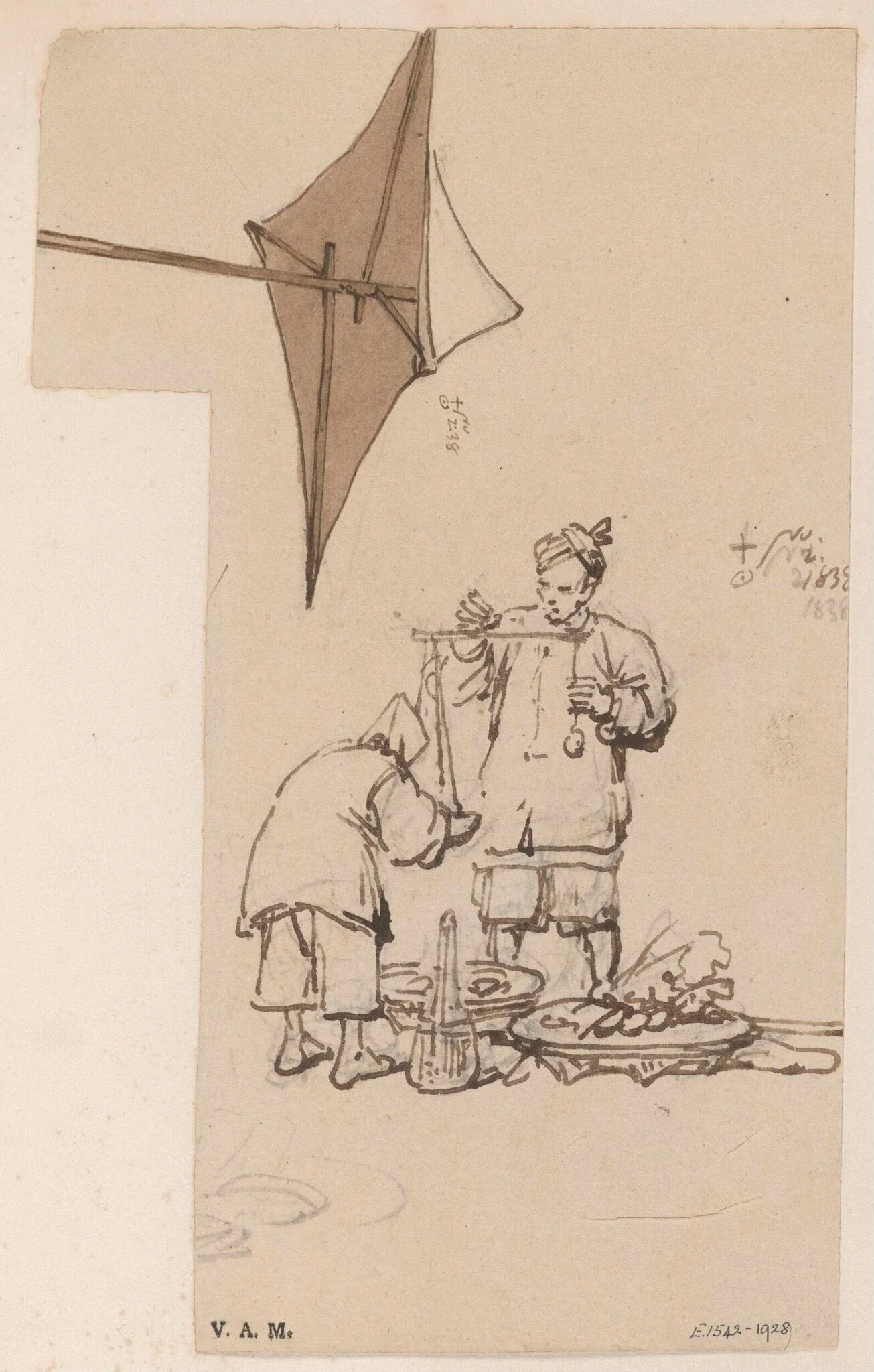 A Chinese vendor weighing his produce, and a sunshade, detail