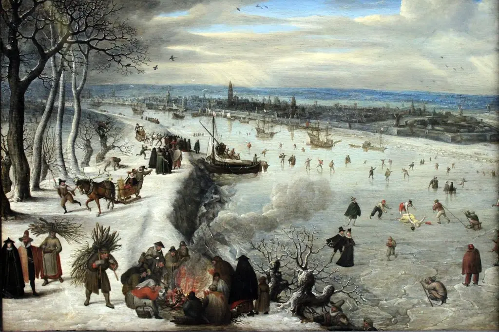 Zicht op Antwerpen met de bevroren Schelde, by Lucas van Valckenborch, oil, 1597