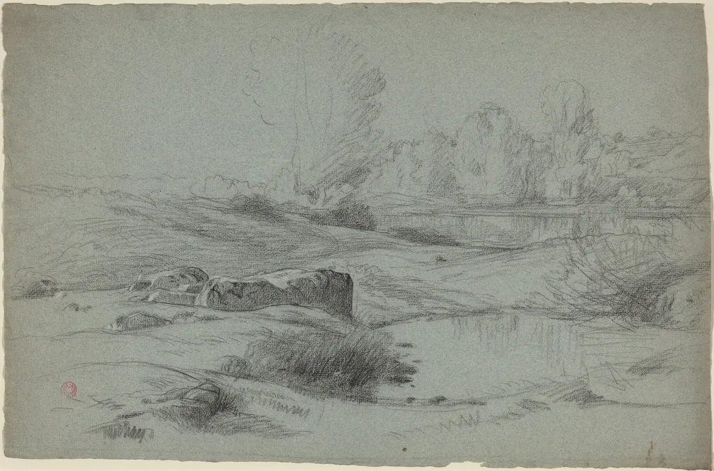 A Rocky Meadow by a River, by Jean Achille Benouville, chalk, 1840