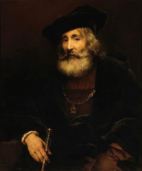 Seated old man with a cane in fanciful costume, detail