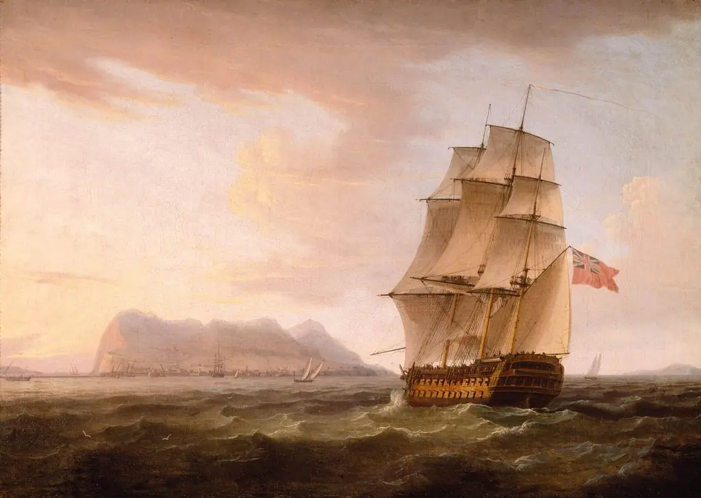 A British Man of War before the Rock of Gibraltar.