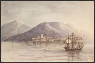 A British warship, lying off a Turkish Port, 1850-1860