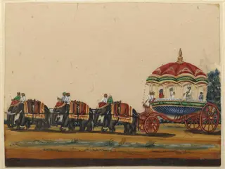 A carriage drawn by six elephants