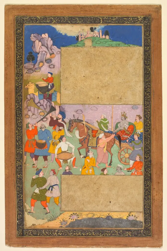 A charioteer riding through a rocky landscape with an entourage of footmen and musicians, page from a Razm-nama (Book of Wars) adapted from the Sanskrit Mahabharata and translated into Persian by Mir Ghiyath al-Din Ali Qazvini, known as Naqib Khan (P