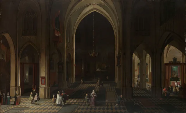 A church interior by candlelight