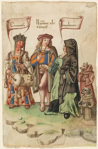 A Courtier Standing Between Covetousness and Dissimulation [fol. 14 recto]
